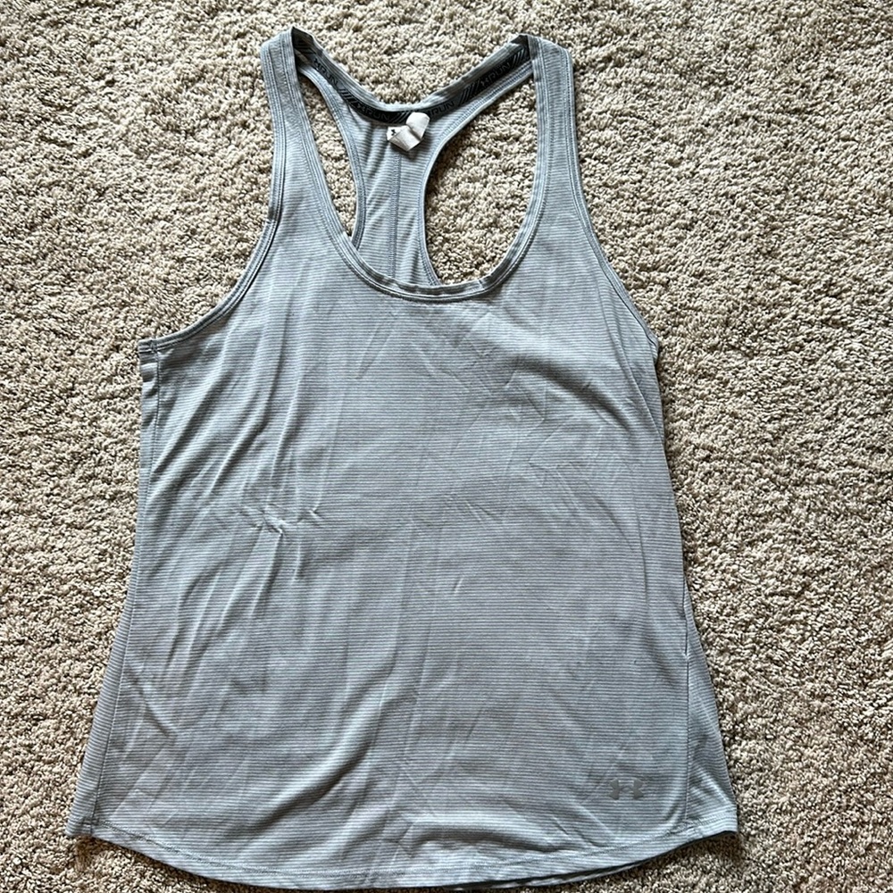 Under Armour Gray Striped Heat Gear Fitted Workout Tank Top